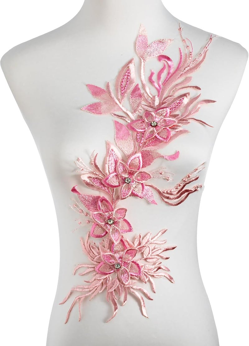 Silvora Phoenix Peacock Feather Tail Fabric Beaded Lace Applique,3D Embroidered Flower Fabric Patch for Bridal Dress, Handmade Sewing Tool for Wedding DIY Crafts(Pink) - Image 1
